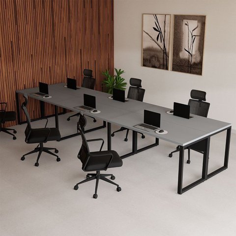 Mesa Escritório Plataforma Trabalho 6 Lugares 4,20m x 1,20m Industrial Executive 100% MDF Pés Metal