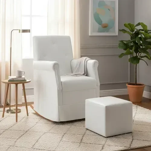 Poltrona Amamentação Balanço e Puff Branco