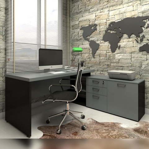 Mesa de Escritório em L 170cm com Balcão e 3 Gavetas