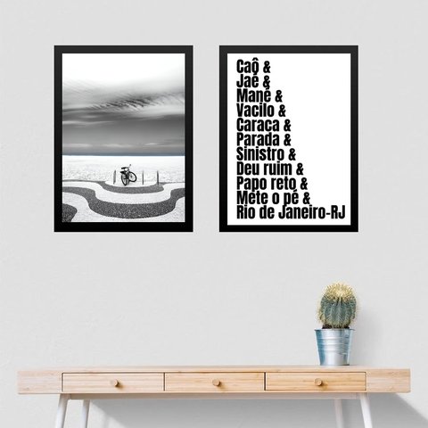 Kit 2 Quadros Rio de Janeiro - Praia e Gírias 24x18cm:moldura Preta