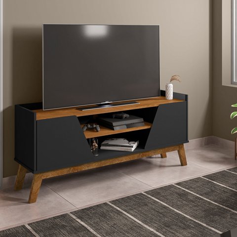Rack para Tv até 55 Polegadas Ares com 2 Porta e Pés de Madeira Babus - Preto Fosco / Naturalle