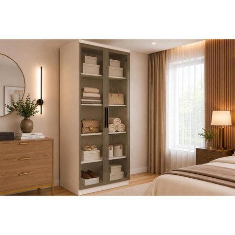 Guarda Roupa Modulado 2PTAS Vidro Rizon N. Horizonte Neve