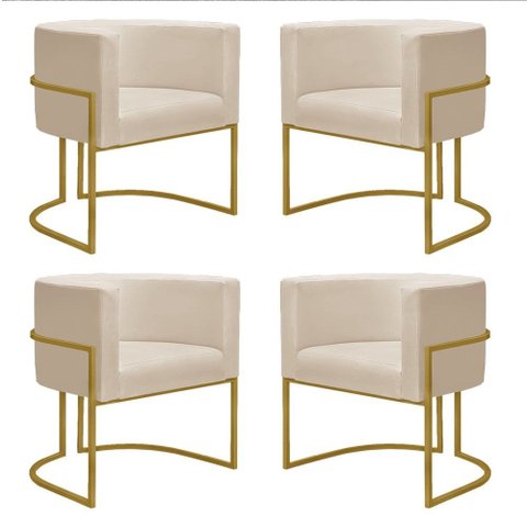 Kit 4 Poltronas Reforçada Decorativa Sala Nayara Base Ferro Dourado Suede Bege