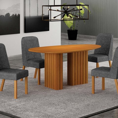 Conjunto Sala de Jantar Tampo Orgânico MDF 135cm com 4 Cadeiras Isis Marrom/Cinamomo/Cinza