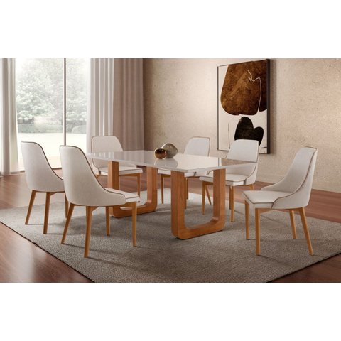 Conjunto Mesa Tampo com Vidro com 6 Cadeiras Madeira Maciça Jazz Yescasa Marrom/Cinamomo Imbuia/Off White