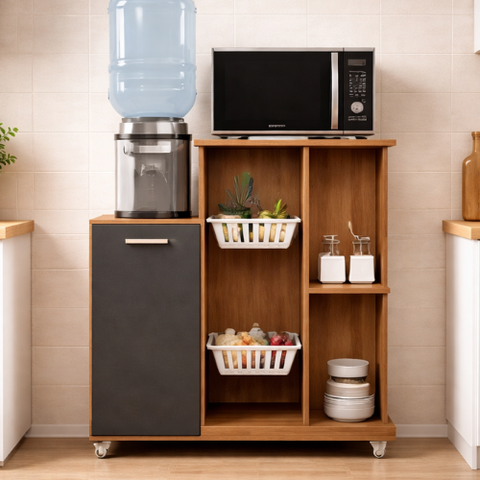 Fruteira Armário Balcão Multiuso de Chão com Rodinhas 2 Cestos para Microondas Bebedouro Mel/grafite