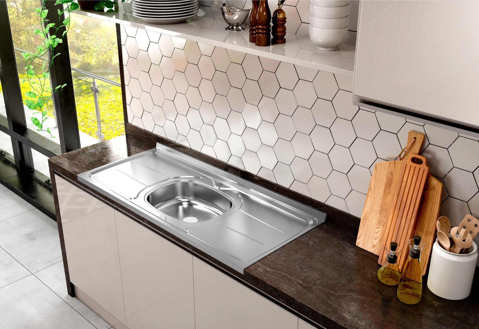 Pia de Cozinha em Aço Inox de 180cmx56cm Concretada sem válvula Plus 30 - 1