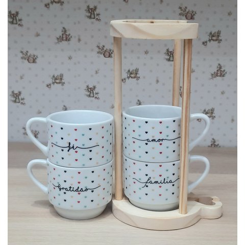 Kit Jogo 4 Xicaras Café Chá Hotel 200ml Empilháveis com Suporte Pinus - Poá Colorido Frases