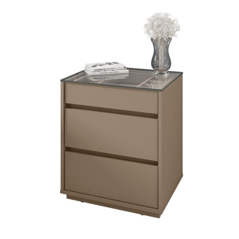 Mesa de Cabeceira Quarto Belize 3 Gavetas e Tampo de Vidro Fendi