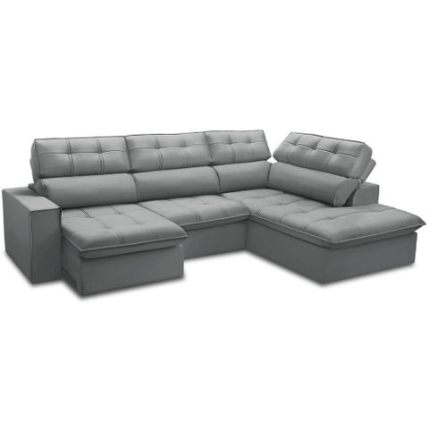 Sofá 4 Lugares Retrátil Reclinável Chaise Direito 288cm Solin F04 Veludo Cinza - Lyam Decor