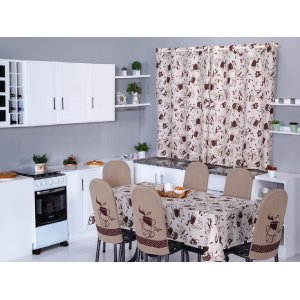 Kit 8 Capas de Cadeira + Toalha de Mesa + Cortina Sala de Jantar Cozinha Dos Sonhos Completa Estampa