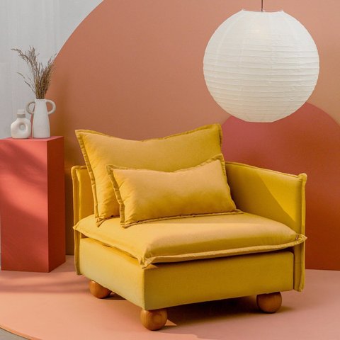 Sofá Modular Braço Lateral com Pé Bolinha Sôma CabeCasa MadeiraOriginals Amarelo Mostarda