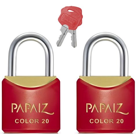 Cadeado Pequeno 20mm Haste Curta Latão Maciço Vermelho com Chave | Papaiz | Kit 02 Un