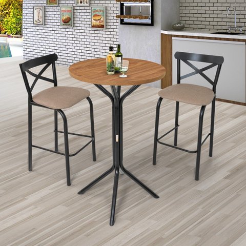 Conjunto Bistrô Tampo 0,65m Redondo com 2 Banquetas Tubo Paris Preto/Bege