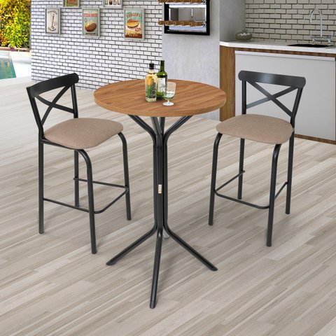 Conjunto Bistrô Tampo 0,65m Redondo com 2 Banquetas Tubo Paris