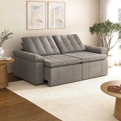 Sofá Cama Retrátil e Reclinável 4 Lugares 240cm Linho com Molas Palmeira CabeCasa MadeiraOriginals C