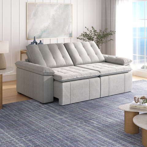 Sofá Cama Retrátil e Reclinável 4 Lugares 240cm Linho com Molas Palmeira CabeCasa MadeiraOriginals C
