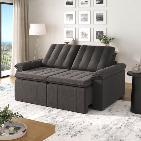 Sofá Cama 3 Lugares Retrátil Reclinável 200cm Linho com Molas Palmeira CabeCasa MadeiraOriginals Gra