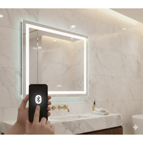 Espelho 4mm Iluminado 80x80 Led 3 Cores Inteligente Botão Touch Bluetooth Som Toca Musica