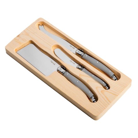 Conjunto de 3 Facas para Queijo Laguiole La Tour Luxo com Bandeja de Madeira- Cinza