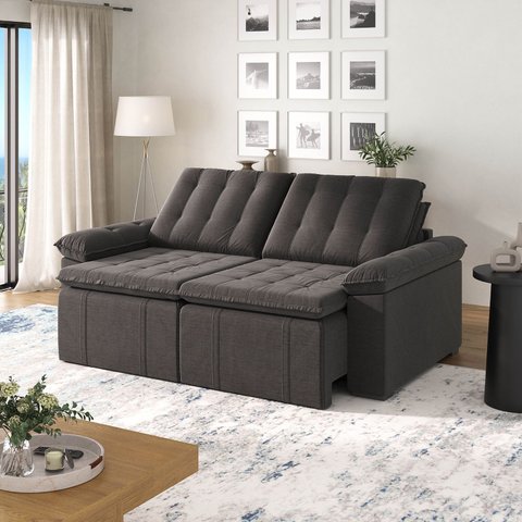 Sofá Cama Casal Retrátil Reclinável 3 Lugares Linho Grafite Palmeira 220cm CabeCasa MadeiraOriginals