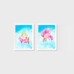 Kit 2 Quadros Aquarelado Urso, Avião e Balões - 1