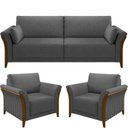 Ver imagem 1 de Kit Sofá 03 Lugares Sala Estar 222cm com 02 Poltronas Stefan Pés Madeira M03 Linho Chumbo - Lyam