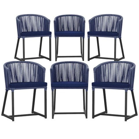 6 Cadeiras de Jantar Área Noronha em Alumínio com Pintura Preta Corda Náutica Estofado 10 Trama Orig