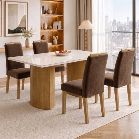Conjunto de Mesa de Jantar 4 Lugares Isla e Lyra Tampo Vidro/MDF Cinamomo e Off White