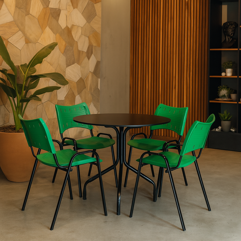 Jogo Mesa Redonda para Restaurante Comércio com 4 Cadeiras Iso Verde Base Preta Ecomhome