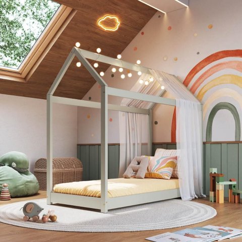 Mini Cama Montessoriana Madeira Maciça para Colchão 150x70cm Aurora Multimóveis Cr35387 Verde