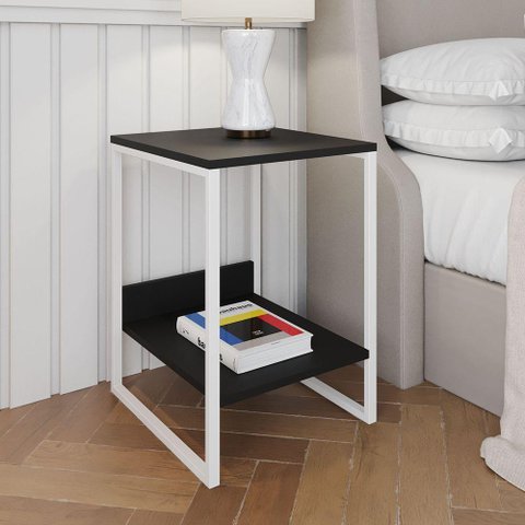Mesa Cabeceira Industrial Lateral de Cama Preta Tókio Base Ferro Branco