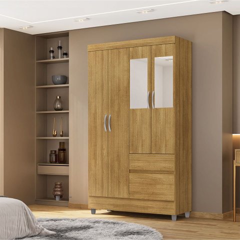 Guarda Roupa Solteiro Abruzzo 4 Portas de Bater 2 com Espelhos 2 Gavetas Nature G98 - Gran Belo