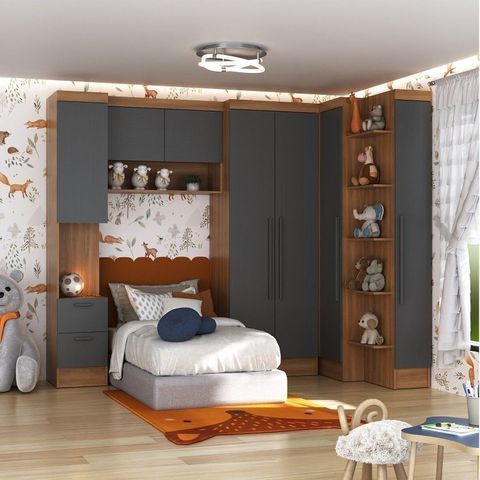Conjunto Modulado de Quarto Infantil 5 Peças Ella Yescasa Cinza/Nogal/Grafite