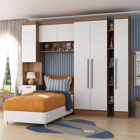 Conjunto de Quarto Infantil Completo Modulado 4 Peças Ella Yescasa Marrom/Nogal/Branco