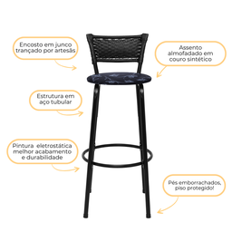Kit 4 Banquetas para Bancada Banco Alto Junco Preto Balcão Cozinha Gourmet Bar Área de Lazer Piscina - 4
