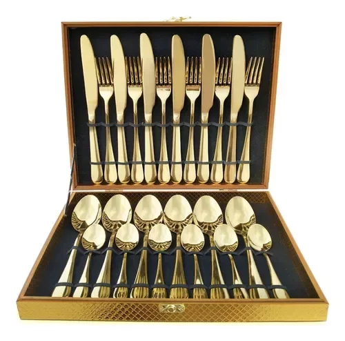 Kit Faqueiro Maleta De Talheres Inox 24 Peças Dourado Luxo - 1