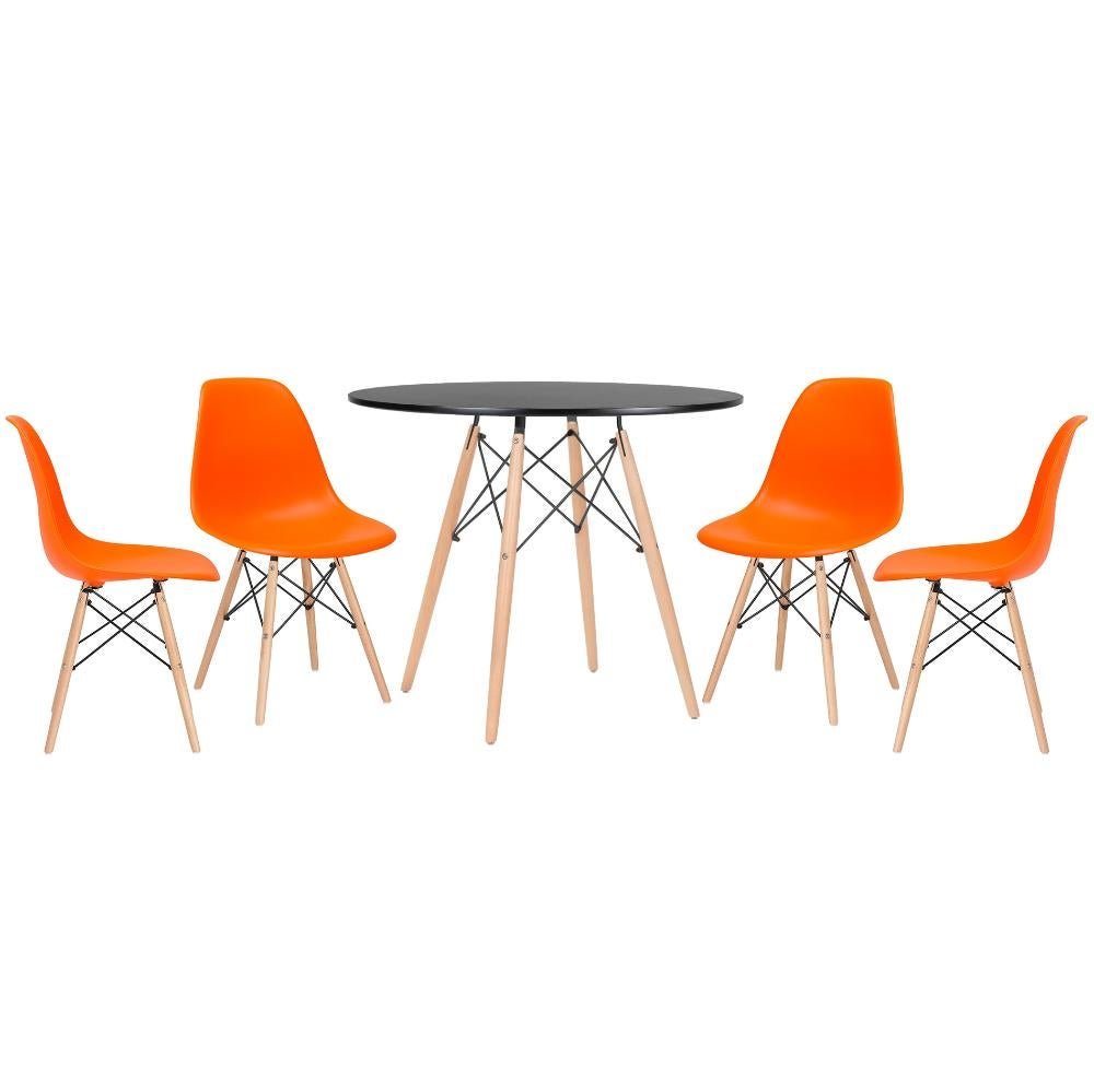 Conjunto de Mesa Redonda Eames 90cm Preto + 4 Cadeiras Eiffel Dsw Laranja - 1