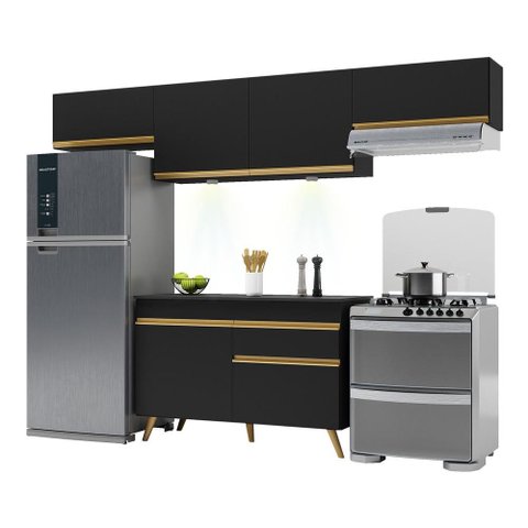Armário de Cozinha Compacta 260cm com Leds Veneza Up Multimóveis V2022 Preto/Dourado