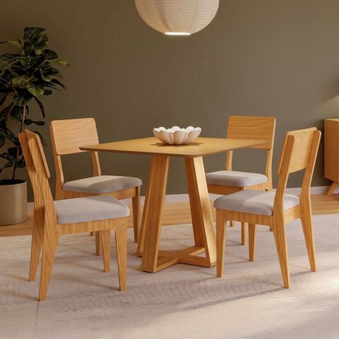 Conjunto Sala de Jantar Mesa Quadrada 90cm com 4 Cadeiras MDF Carvalho Rosé/Bege Claro