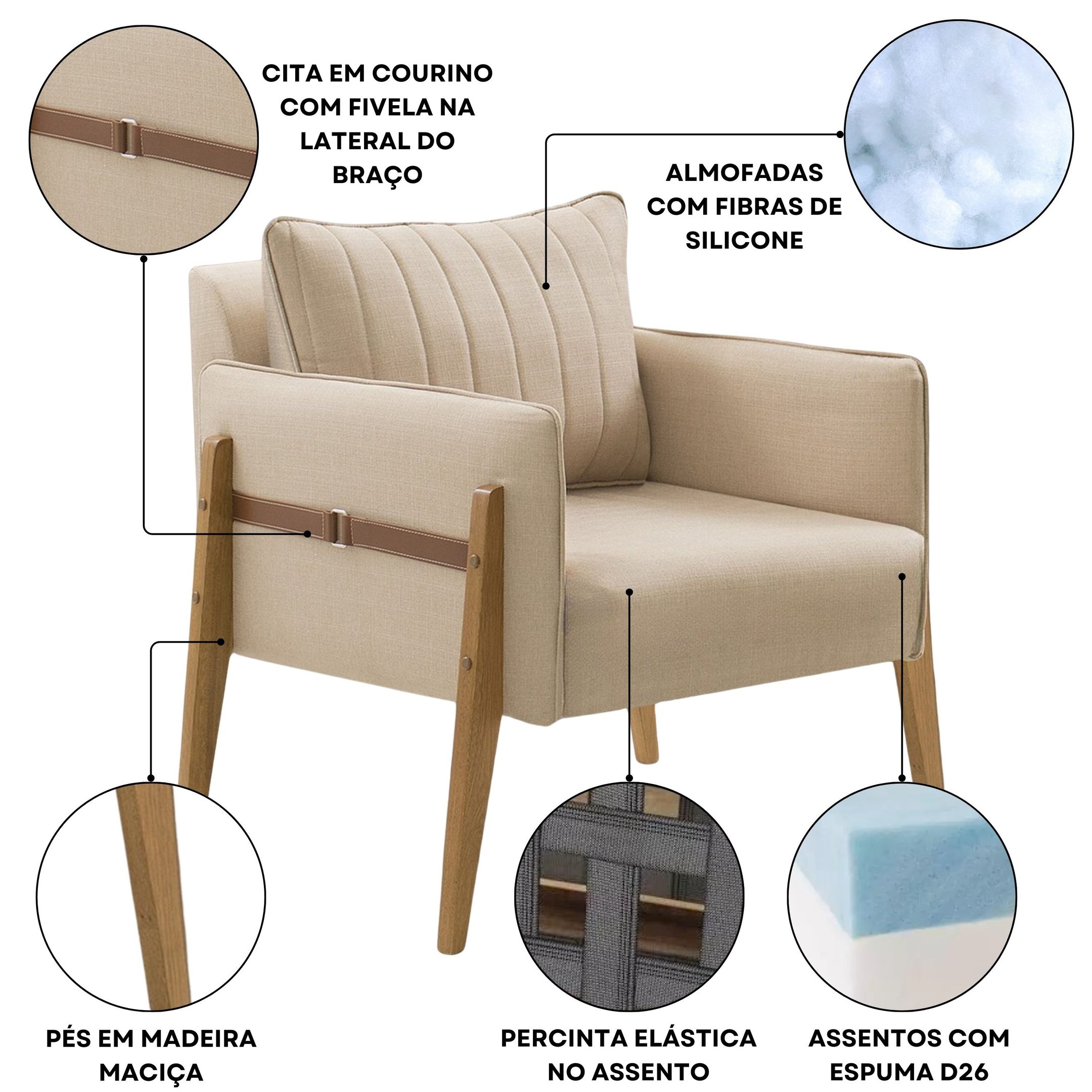 Poltrona Decorativa Linho Bege Orion 77cm | MadeiraMadeira