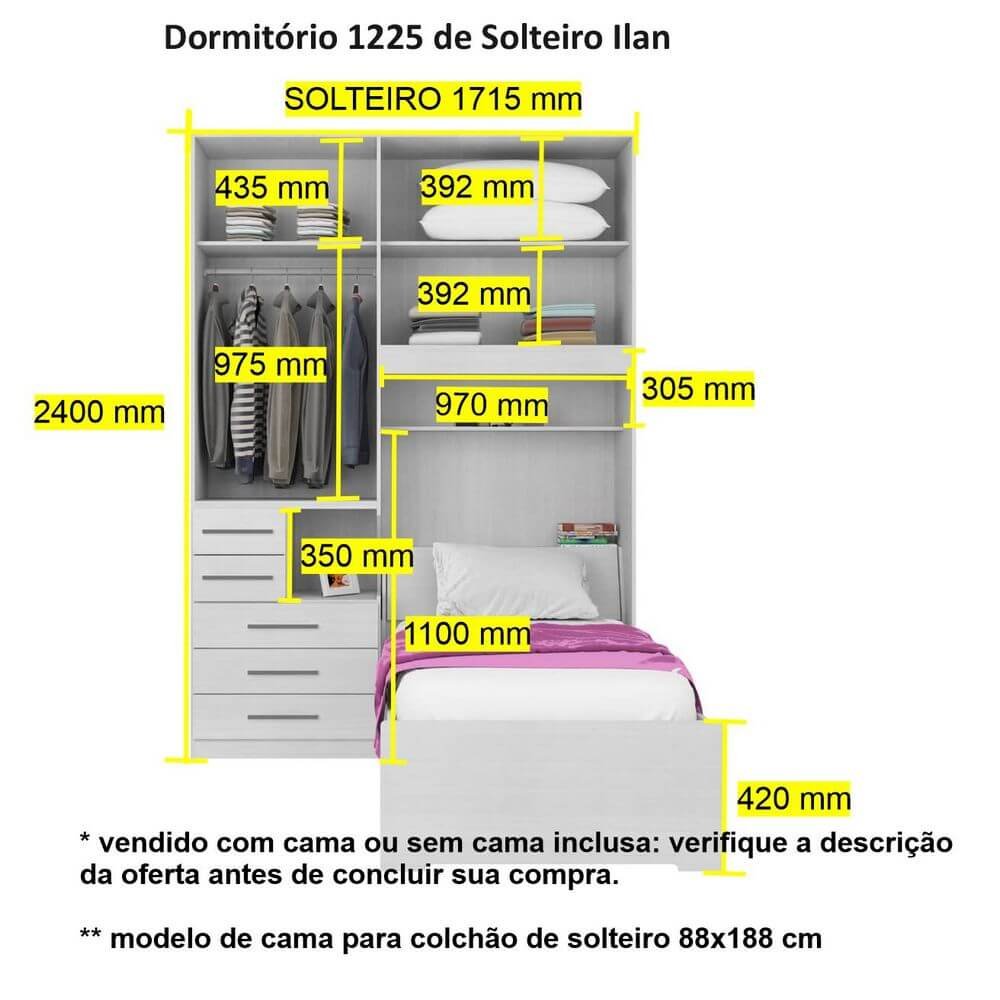 Dormitório de Solteiro sem Cama 1225s Direito Carvalho Claro - 3