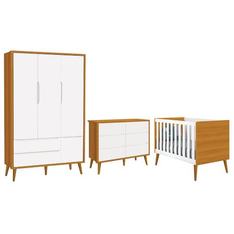 Dormitório Completo Infantil Theo 3 Portas, Cômoda 6 Gavetas e Berço Branco/Savana com Pés
