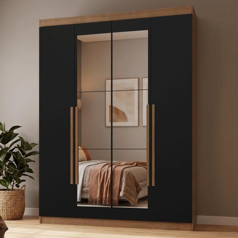 Guarda-Roupa Solteiro 4 Portas Batentes com Espelho Rustic/Preto/Rustic Netuno Madesa
