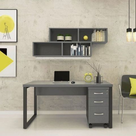 Conjunto 4 Peças 2 Prateleiras 1 Mesa 1 Gaveteiro P25 Grafito Preto