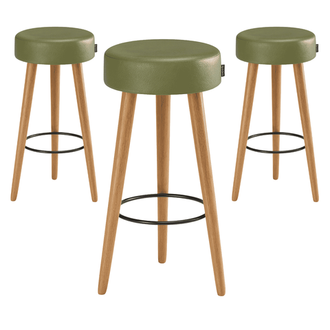 Kit 3 Banquetas Alta 80 Cm Estofada Corino Verde Retrô Pé Palito Cozinha Área Gourmet Balcão Bancada