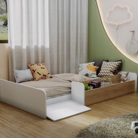 Cama Montessoriana Infantil com Nicho e Rampa CA030 Branco/Mel Yescasa