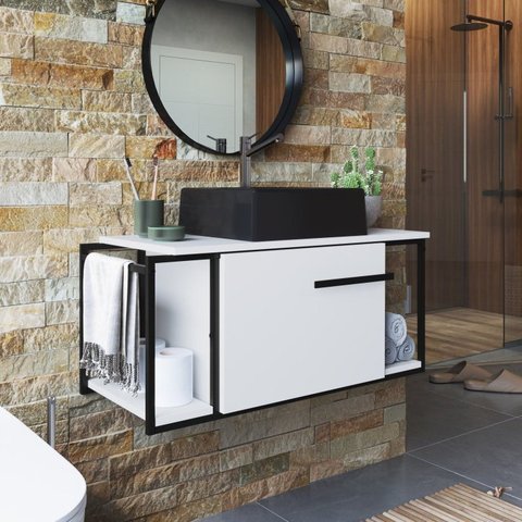 Gabinete Suspenso para Banheiro 80cm P1019 com Cuba Ametista Branco/Preto