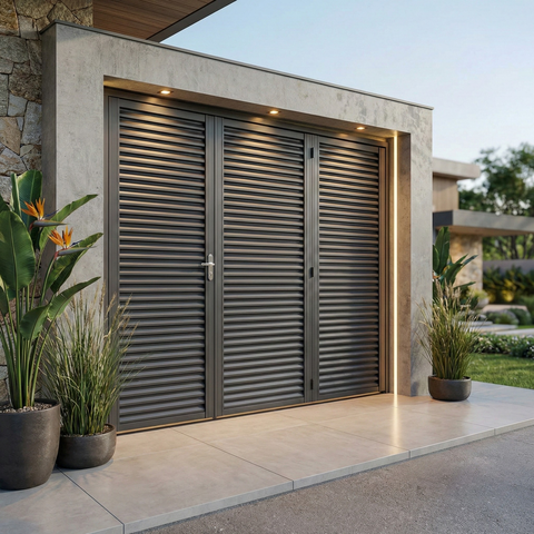 Portão Pantográfico Laminado 3 Folhas Veneziana Cinza 215x245cm Mecal Abertura Esquerda