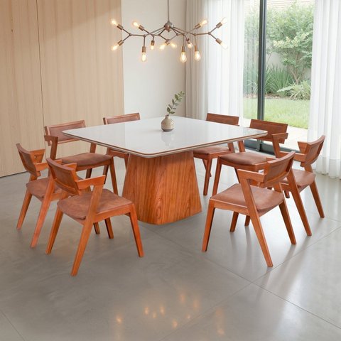 Conjunto Mesa Bérgamo Tampo c/ Detalhe e 8 Cadeiras Madeira Maciça e Estofada Ímola Courino Marrom